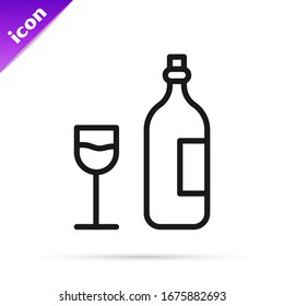 Black line Wine bottle with wine glass icon isolated on white background. Happy Easter.  Vector Illustration