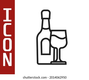 Black line Wine bottle with glass icon isolated on white background.  Vector