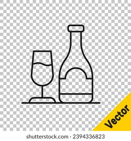 Black line Wine bottle with glass icon isolated on transparent background.  Vector