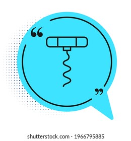 Black line Wine corkscrew icon isolated on white background. Blue speech bubble symbol. Vector Illustration