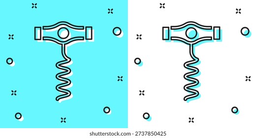 Black line Wine corkscrew icon isolated on green and white background. Random dynamic shapes. Vector