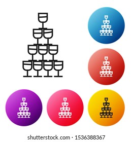 Black line Wine glasses stacked in a pyramid tower icon isolated on white background. Wineglass sign. Set icons colorful circle buttons. Vector Illustration