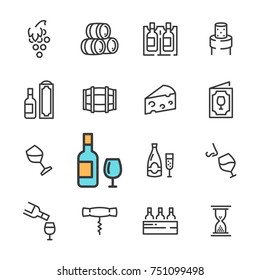 Black line wine icons set. Includes such Icons as barrel wine, corkscrew, wine menu, glass wine, cheese.
