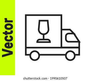 Black line Wine truck icon isolated on white background. Fast delivery.  Vector