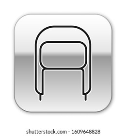 Black line Winter hat with ear flaps icon isolated on white background. Silver square button. Vector Illustration
