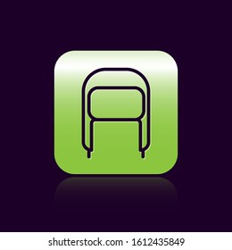 Black line Winter hat with ear flaps icon isolated on black background. Green square button. Vector Illustration