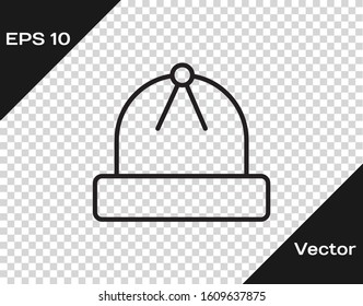 Black line Winter hat icon isolated on transparent background.  Vector Illustration