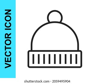 Black line Winter hat icon isolated on white background.  Vector