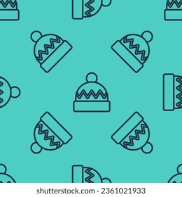 Black line Winter hat icon isolated seamless pattern on green background.  Vector