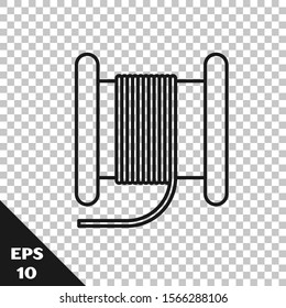 Black line Wire electric cable on a reel or drum icon isolated on transparent background.  Vector Illustration