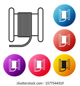 Black line Wire electric cable on a reel or drum icon isolated on white background. Set icons colorful circle buttons. Vector Illustration