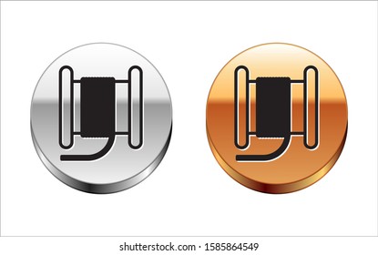 Black line Wire electric cable on a reel or drum icon isolated on white background. Silver-gold circle button. Vector Illustration
