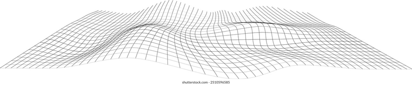 Grade em modelo de arame de linha preta. Paisagem topográfica com onda isolada sobre fundo branco