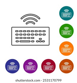 Black line Wireless computer keyboard icon isolated on white background. PC component sign. Internet of things concept with wireless connection. Set icons in color circle buttons. Vector