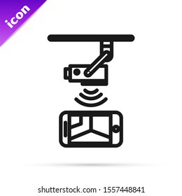 Black line Wireless Controlling CCTV security camera with smartphone icon isolated on white background. IOT Concept and remote home appliance.  Vector Illustration