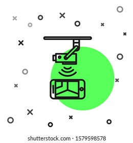 Black line Wireless Controlling CCTV security camera with smartphone icon isolated on white background. IOT Concept and remote home appliance.  Vector Illustration