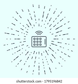 Icono de tableta inalámbrico de línea negra aislado en fondo gris. Internet de cosas con conexión inalámbrica. Resumen de puntos aleatorios de círculo. Vector