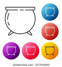 Black line Witch cauldron icon isolated on white background. Happy Saint Patricks day. Set icons colorful circle buttons. Vector Illustration