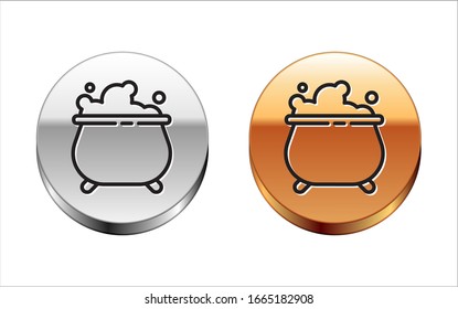 Black line Witch cauldron icon isolated on white background. Happy Halloween party. Silver-gold circle button. Vector Illustration