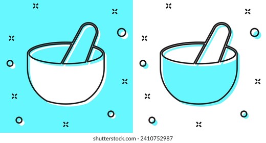 Black line Witch cauldron icon isolated on green and white background. Happy Halloween party. Random dynamic shapes. Vector