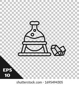 Black line Witch cauldron and magic stone icon isolated on transparent background.  Vector Illustration