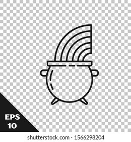 Black line Witch cauldron and rainbow icon isolated on transparent background. Happy Saint Patricks day.  Vector Illustration