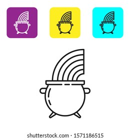 Black line Witch cauldron and rainbow icon isolated on white background. Happy Saint Patricks day. Set icons colorful square buttons. Vector Illustration