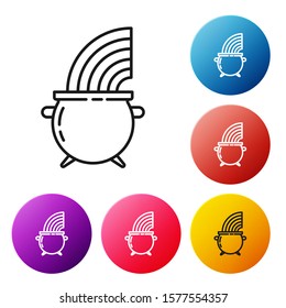 Black line Witch cauldron and rainbow icon isolated on white background. Happy Saint Patricks day. Set icons colorful circle buttons. Vector Illustration