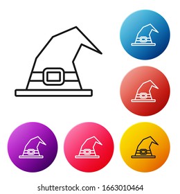 Black line Witch hat icon isolated on white background. Happy Halloween party. Set icons colorful circle buttons. Vector Illustration