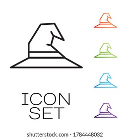 Black line Witch hat icon isolated on white background. Happy Halloween party. Set icons colorful. Vector Illustration