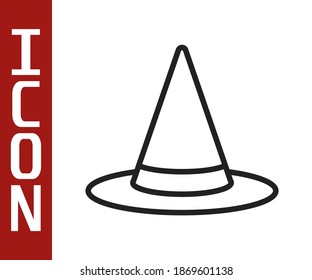 Black line Witch hat icon isolated on white background. Happy Halloween party.  Vector