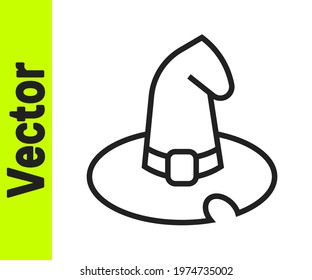 Black line Witch hat icon isolated on white background. Happy Halloween party.  Vector