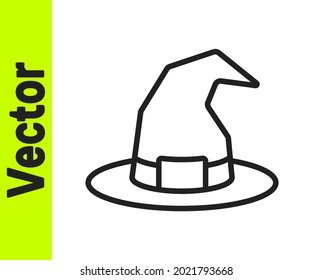 Black line Witch hat icon isolated on white background. Happy Halloween party.  Vector