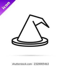 Black line Witch hat icon isolated on white background. Happy Halloween party.  Vector Illustration