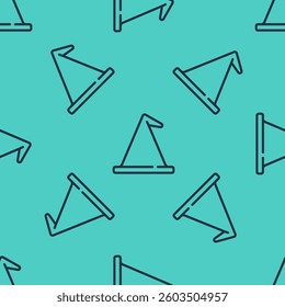 Black line Witch hat icon isolated seamless pattern on green background. Happy Halloween party.  Vector