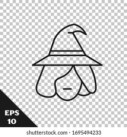 Black line Witch icon isolated on transparent background. Happy Halloween party.  Vector Illustration