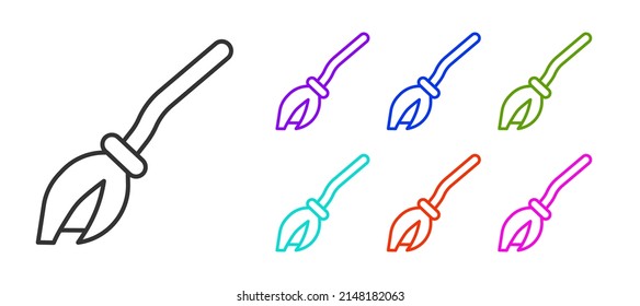 Black line Witches broom icon isolated on white background. Happy Halloween party. Set icons colorful. Vector