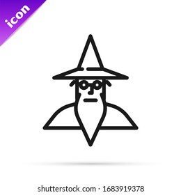 Black line Wizard warlock icon isolated on white background.  Vector Illustration