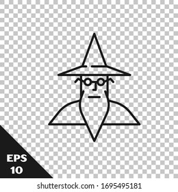 Black line Wizard warlock icon isolated on transparent background.  Vector Illustration