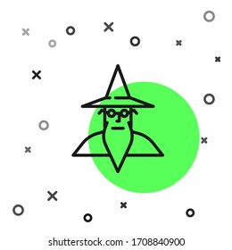 Black line Wizard warlock icon isolated on white background.  Vector Illustration