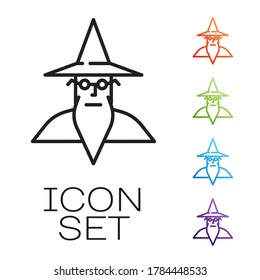 Black line Wizard warlock icon isolated on white background. Set icons colorful. Vector Illustration