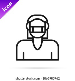 Black line Woman face in a medical protective mask icon isolated on white background. Quarantine.  Vector
