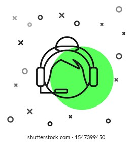 Black line Woman with a headset icon isolated on white background. Support operator in touch. Concept for call center, client support service.  Vector Illustration