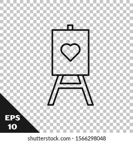 Black line Wood easel or painting art boards with heart icon isolated on transparent background.  Vector Illustration
