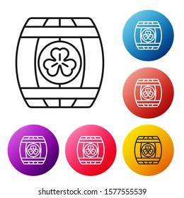 Black line Wooden barrel with four leaf clover icon isolated on white background. Alcohol barrel, wooden keg for beer, whiskey, wine. Set icons colorful circle buttons. Vector Illustration