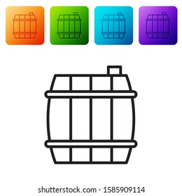 Black line Wooden barrel icon isolated on white background. Alcohol barrel, drink container, wooden keg for beer, whiskey, wine. Set icons in color square buttons. Vector Illustration