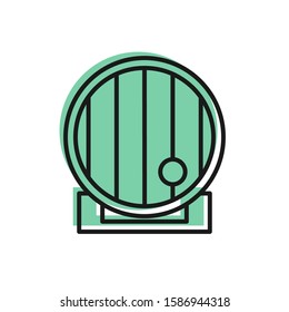 Black line Wooden barrel icon isolated on white background. Alcohol barrel, drink container, wooden keg for beer, whiskey, wine.  Vector Illustration