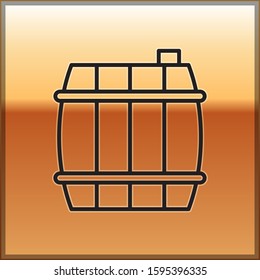 Black line Wooden barrel icon isolated on gold background. Alcohol barrel, drink container, wooden keg for beer, whiskey, wine.  Vector Illustration