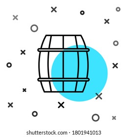 Black line Wooden barrel icon isolated on white background. Alcohol barrel, drink container, wooden keg for beer, whiskey, wine. Random dynamic shapes. Vector Illustration