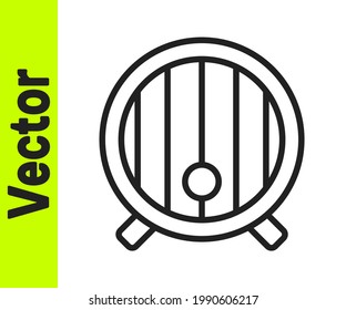Black line Wooden barrel icon isolated on white background. Alcohol barrel, drink container, wooden keg for beer, whiskey, wine.  Vector